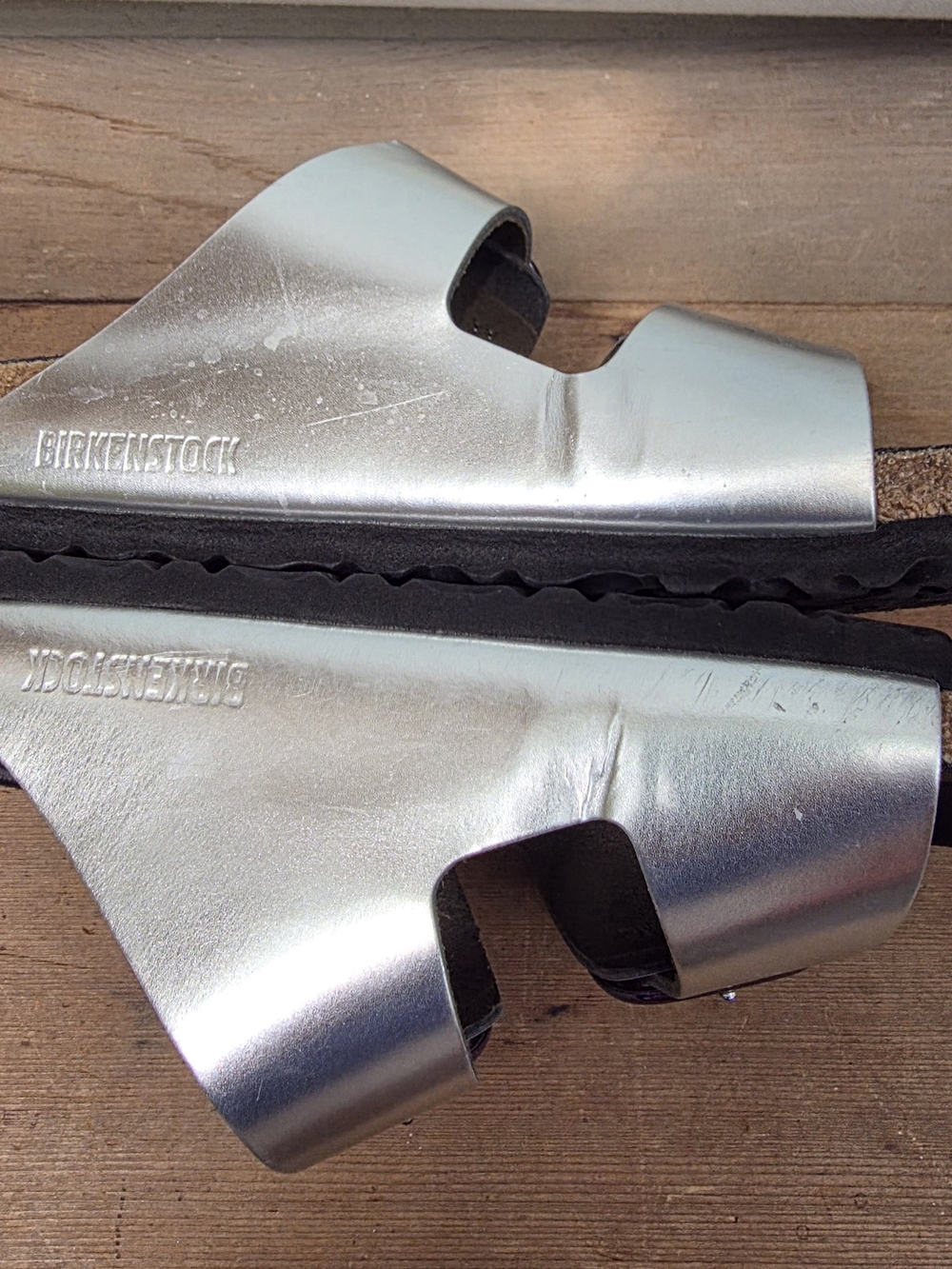 Birkenstock Arizona Metallic Silver Slide Sandals with Iridescent Buckles - Picture 4 of 7